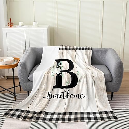 Miniatura 25 de Erosebridal Flower Initial S Flannel Blanket White Floral Flowers Fleece Blanket,40"X50",Personalized Letters Fuzzy Plush Throw for Sofa Beige Negro
