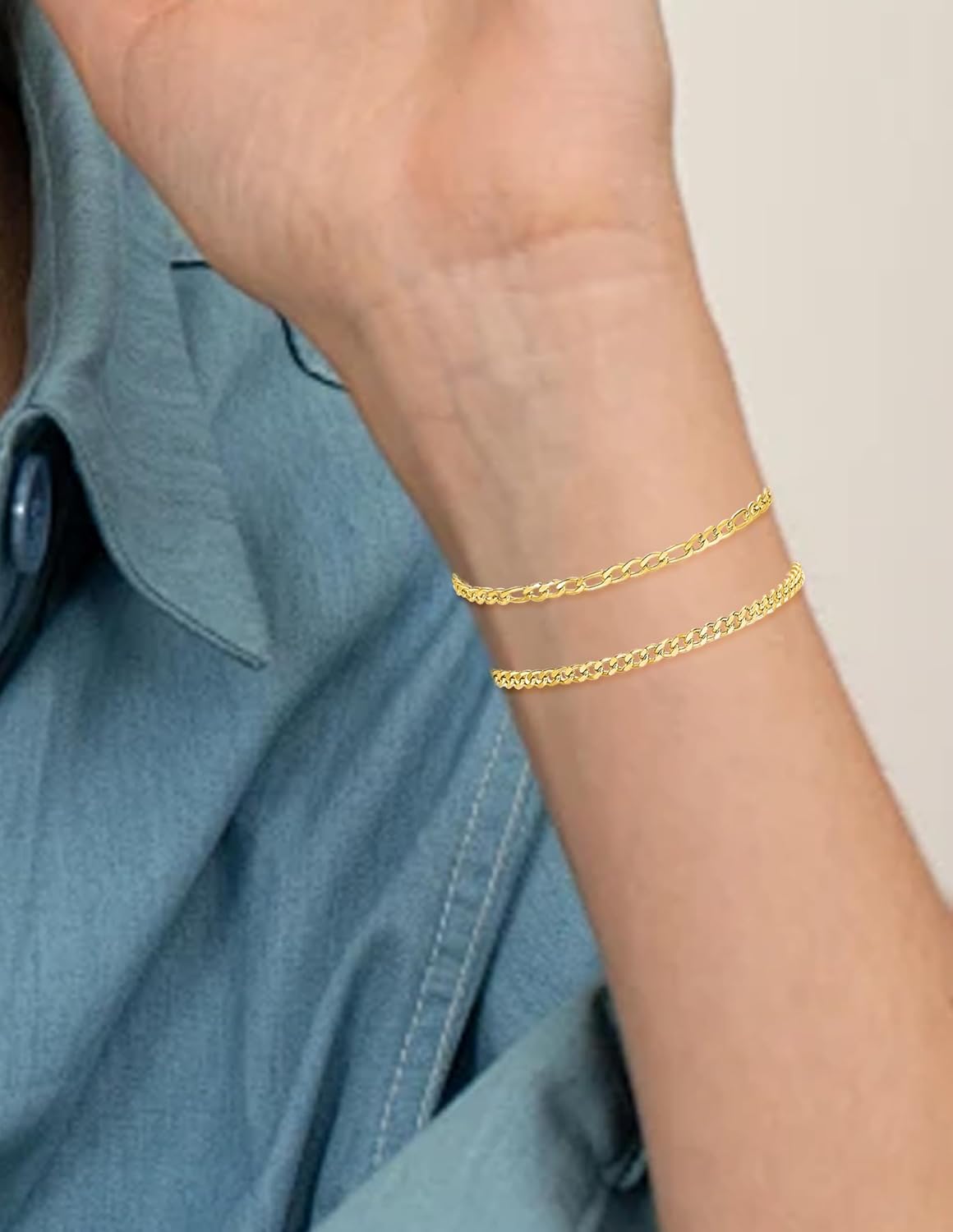 8Pcs Bracelets Stainless Steel Chain Bracelet Satellite Bead Box Herringbone Rope Paperclip Figaro Cuban Link Bracelet for Women Silver Gold Plated 6.5 Inches Adjustable - Image 6