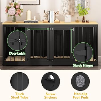 Large Double Dog Crate Furniture, 70.9 XL Wooden Dog Kennel House with Divider & Trays, for Large or 2 Medium Breeds Indoor, Black