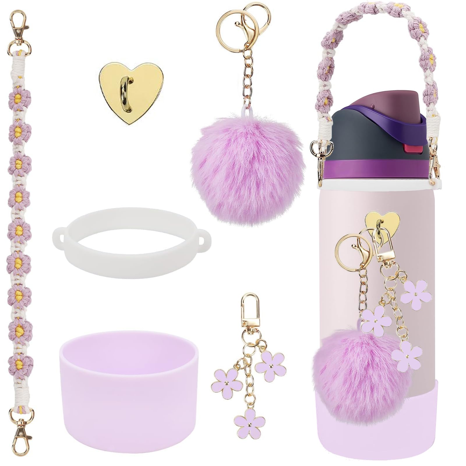 6Pcs Cup Accessories Set for Owala Water Bottle 32oz, 1Pcs Water Bottle Handle Strap, 1Pcs Siliocne Cup Boot, 3Pcs Charms for Owala Kids, Owala Coffee