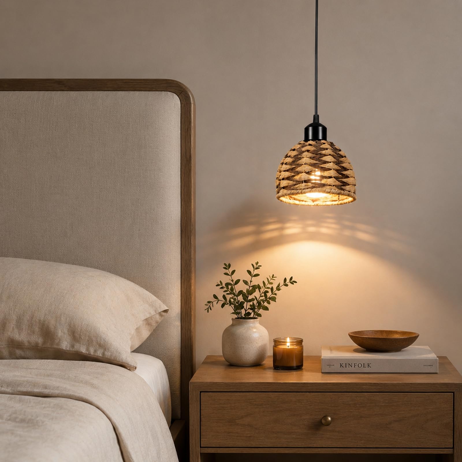 FRIXCHUR Lampa wisząca Boho E27 z plecionej liny, naturalna lampa wisząca z kablem 1,3 m, do kuchni, stołu jadalnego i korytarza, bez źródła światła