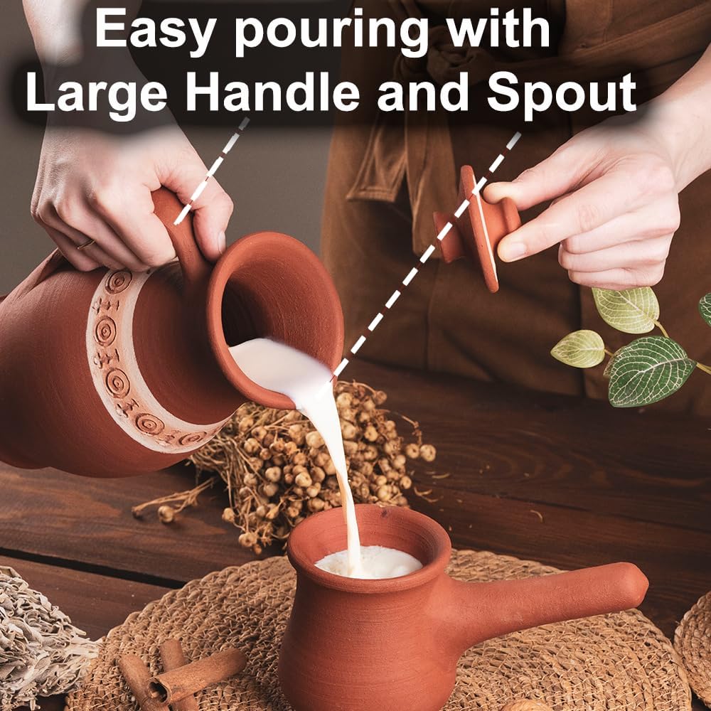 Handmade Natural Clay Terracotta Earthenware Earthen Water Pitcher Jug Pot with Lid for Drinking Drink Ayurveda Healthy Unglazed Pottery Style Indian Mud Kitchen Farmhouse Bottle Mexican Bohemian