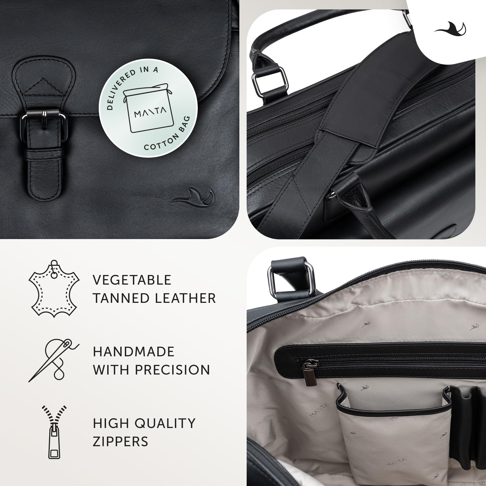 MANTA Echtleder Business-Tasche, Handgearbeitete Aktentasche aus Leder, Stilvoll & Modern, 16-Zoll Laptoptasche, Elegante Notebooktasche, Umhängetasche, Dokumententasche, Schultertasche, Laptop-Sleeve