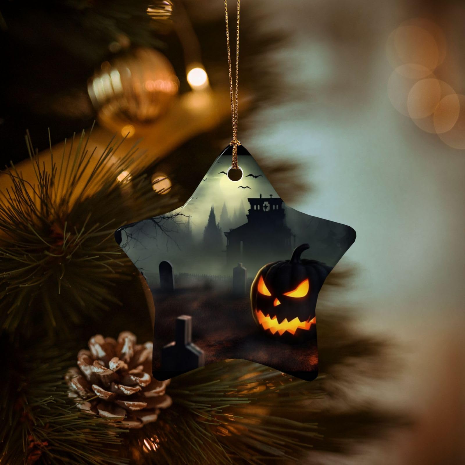 Christmas Ornaments for Christmas Tree Decoration Hanging Halloween Horror Ornament with Gold Ribbon Crafts Star Shape Ceramic Pendant for Keepsake Gifts Xmas Decor Party Supplies