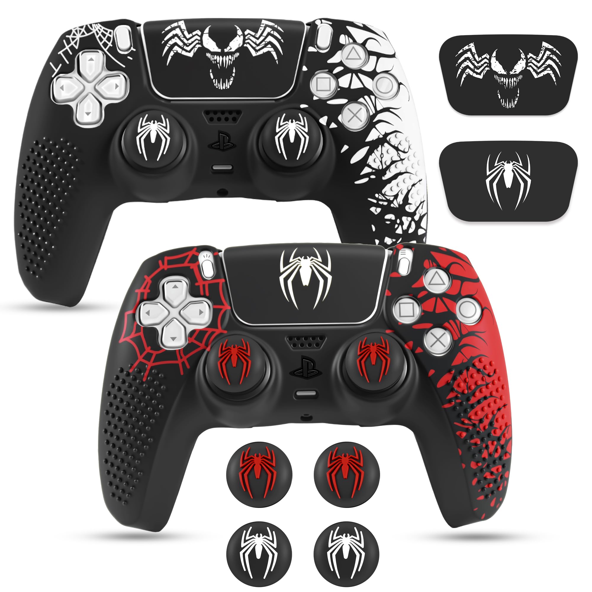 Sounce Anti-Slip Silicone Controller Accessory Compatible with PS5 DualSense Controller Non-Slip Case with Thumb Grip Caps Touch Pad Sticker and Wrap Cover Stickers Pack of 2 (Red Black, Black White)-image-32