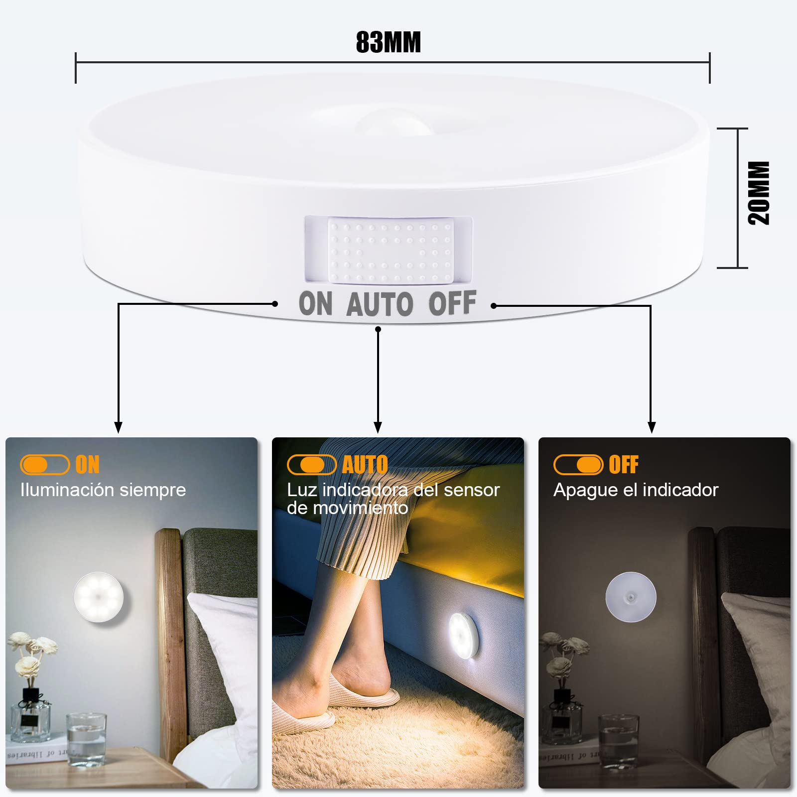 3 Pack Luz Nocturna LED Recargable por USB, Sensor de Movimiento para Interiores, 8 LED, 3 Modos (AUTO/ON/Off), para Dormitorio, Armarios, Pasillo, Escaleras, Garaje, Entrada (Blanco)