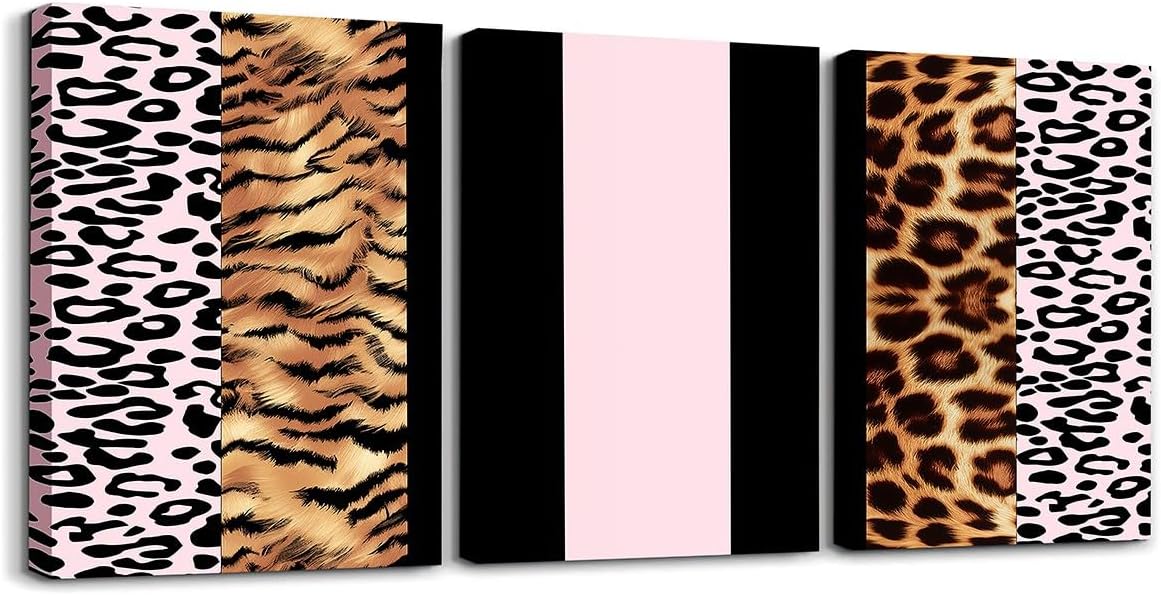 Leopard 3 Piece Canvas Wall Art for Living Room Cheetah Hot Pink Black Office Wall Decor Artwork Posters 12"x16"x3pcs Animal Fur Print Bathroom Wall Art for Home Decor Safari Wall Painting Zebra