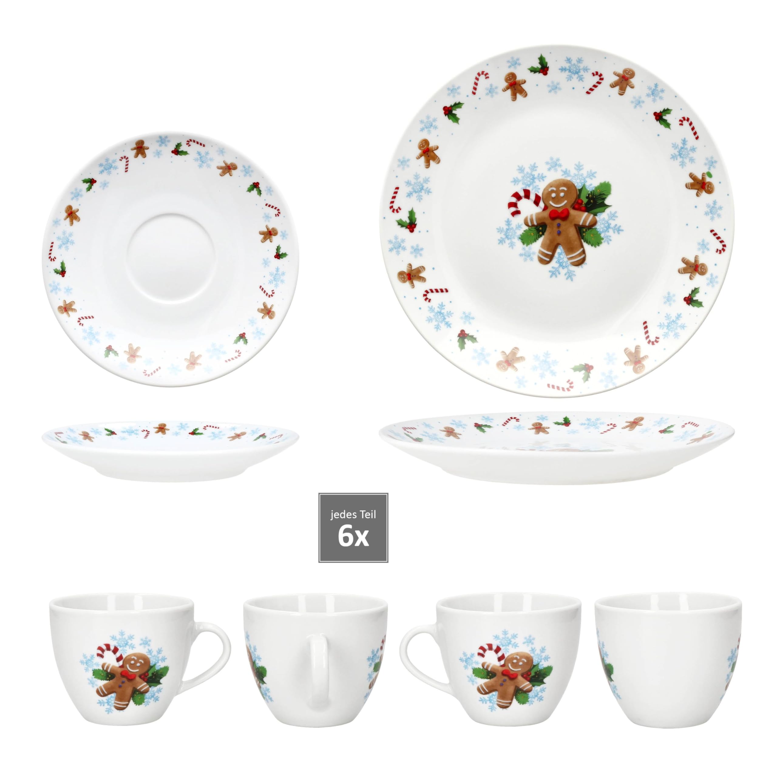 MamboCat Candyman 18tlg Kaffeeservice I Porzellan-Kaffeeset für 6 Personen mit eisblauem Weihnachtsdekor I Je 6X Kaffeetassen 160ml, Untertassen & Kuchenteller