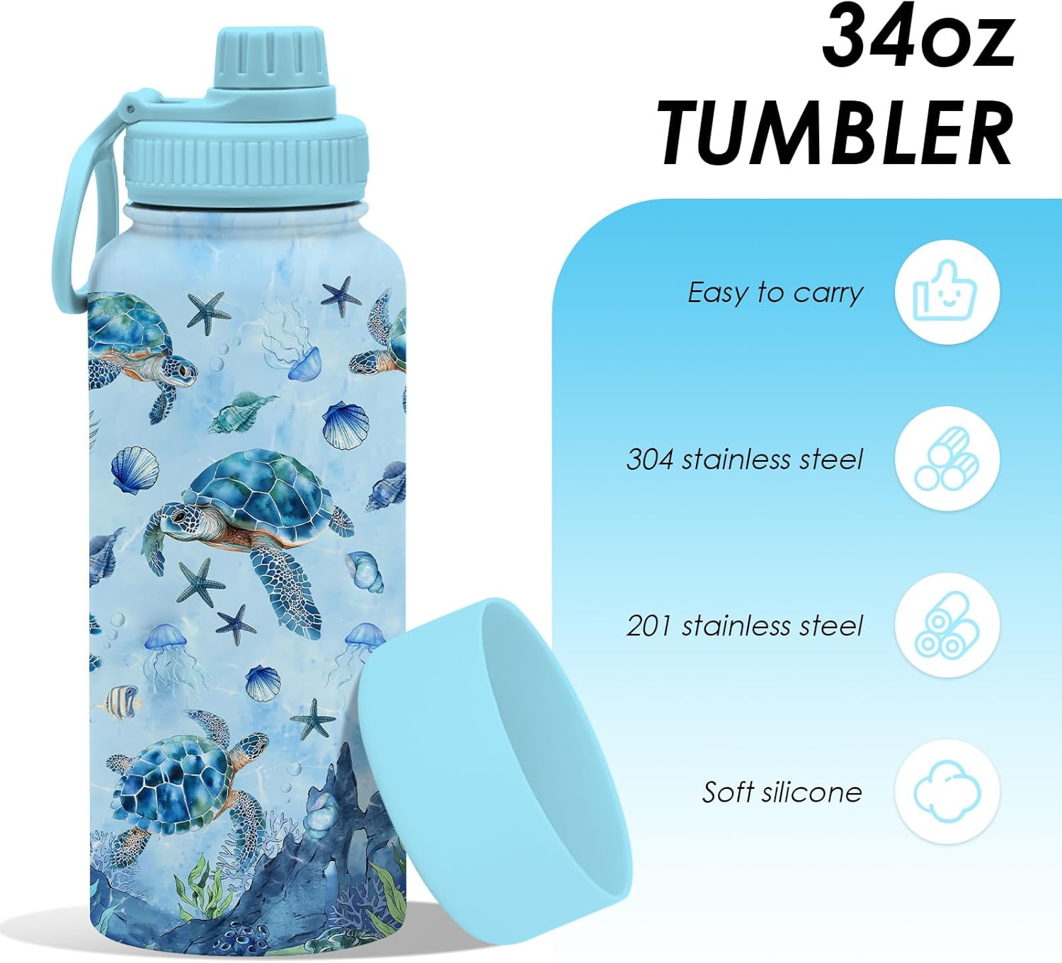Turtle Gifts for Girls - 34oz Sea Turtle Water Bottle with Spout Lid, Insulated Stainless Steel Travel Cup, for Sports, Double Wall Vacuum Tumbler for Women Girls, Birthday Christmas Gifts (1 pc) - Image 2