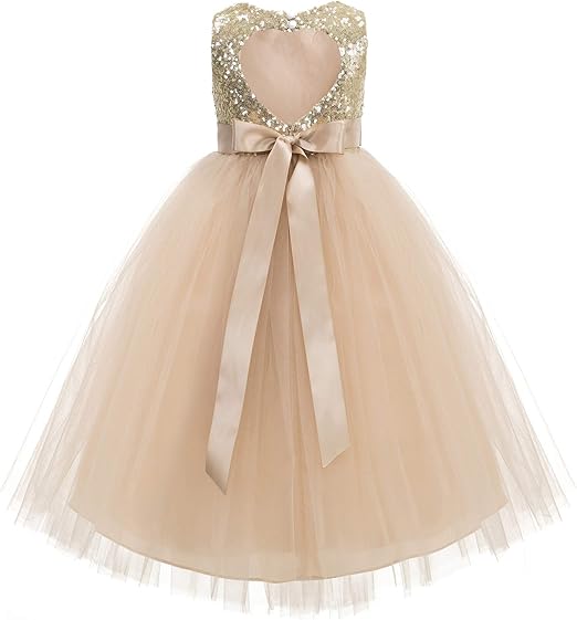 ekidsbridal Heart Cutout Sequin Junior Flower Girl Dress Open Back Dress Christening Dresses