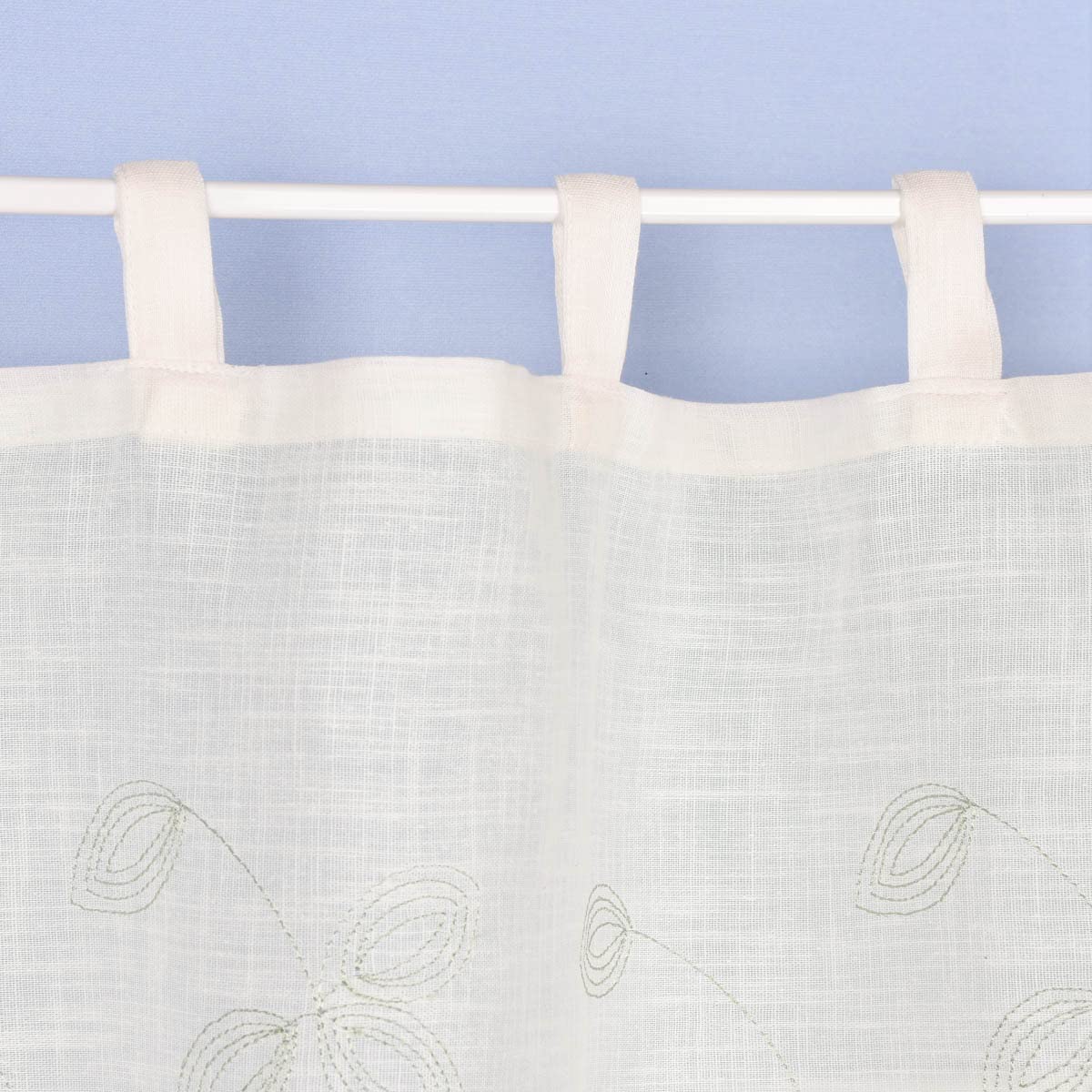 SCHÖNER LEBEN. Rideau brise-bise bio en coton bio avec broderie feuilletée - Structure en lin - Blanc laineux - Vert - 150 x 50 cm