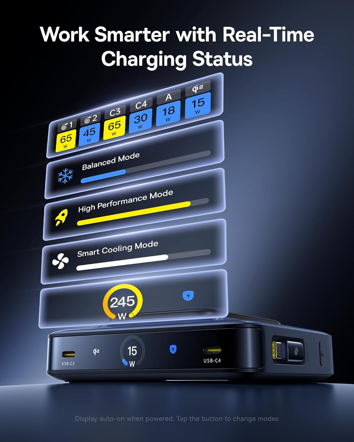 Baseus Nomos 245W Charging Station LCD display showing charging status and modes