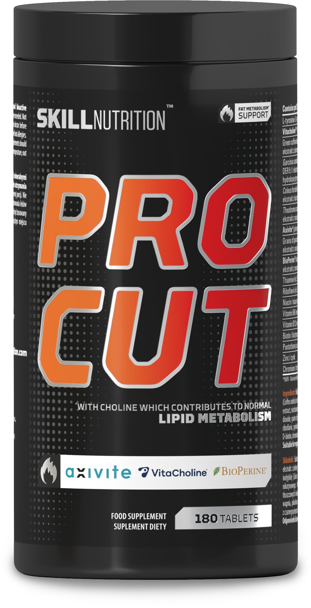 Skill Nutrition Pro Cut - 180 Tablets | Advanced Formula Supporting Fat Metabolism | 200 mg Caffeine + Green Tea Extract + L-Carnitine + CLA + BioPerine® | Supports Metabolism & Energy