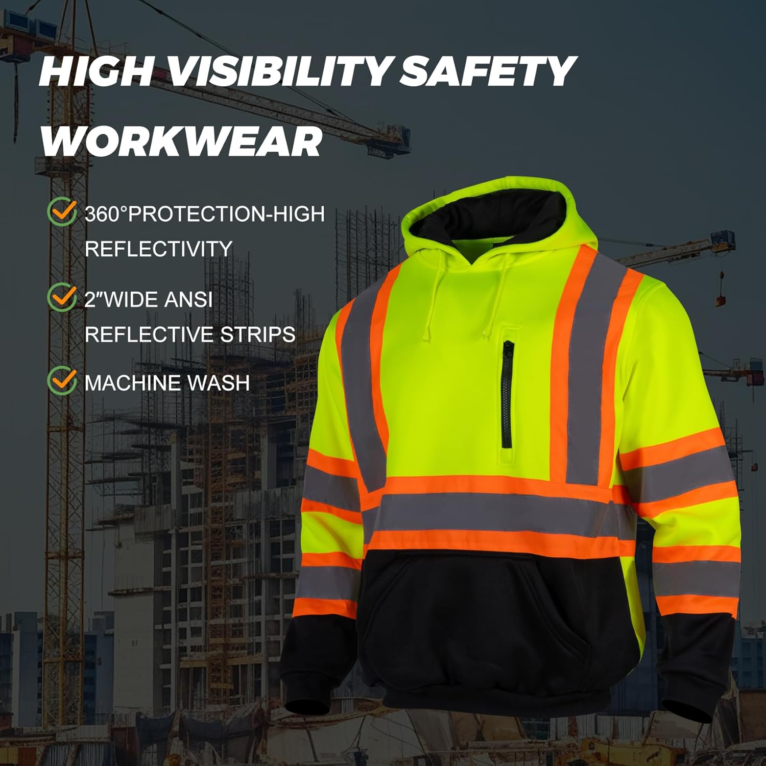 High Visibility Safety Fleece Hoodie for Men Reflective Sweatshirt ANSI Class 3 Hi Vis Pullover Hoodie Jacket - Image 4