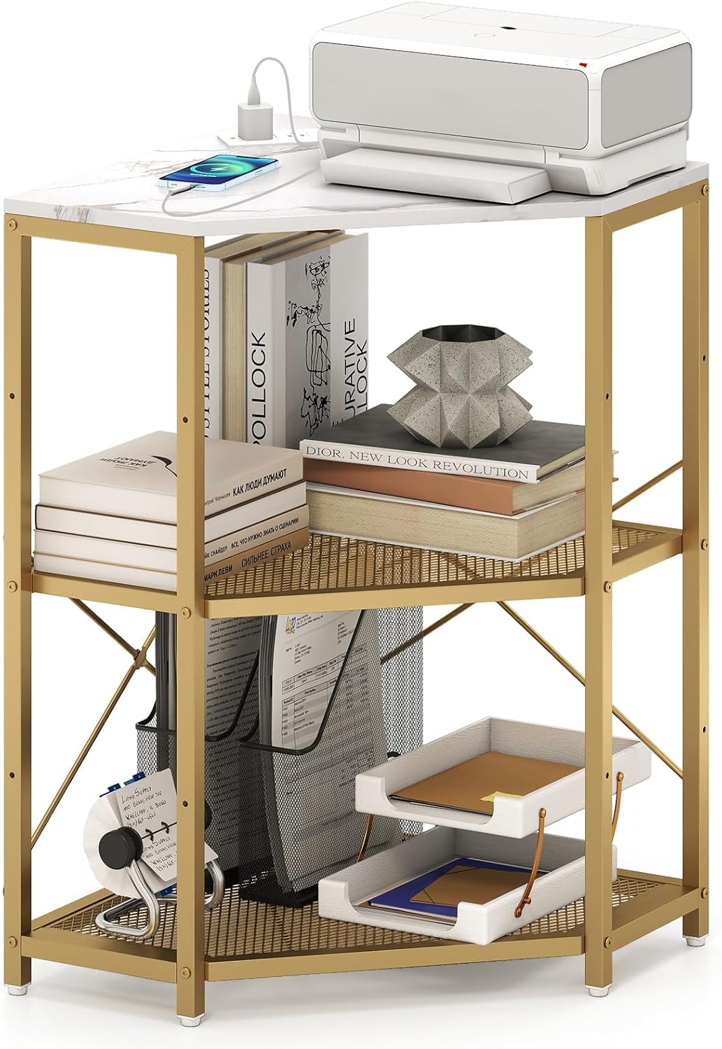 GOFLAME Corner Printer Stand with Charging Station, Freestanding 3-Tier Printer Table with Adjustable Metal Mesh Shelf, Storage Rack Organizer for Home Office Living Room (White)