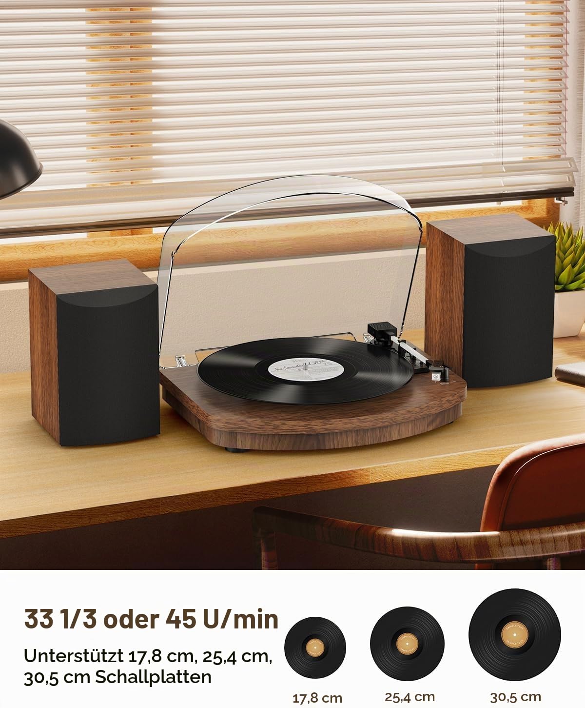 Vinyl Plattenspieler mit Zwei Stereolautsprechern, Riemenantrieb Kabelloser Wiedergabe 3 Geschwindigkeiten AT-3600L Tonabnehmer RCA-Ausgang Vintage Plattenspieler Holzmaserung