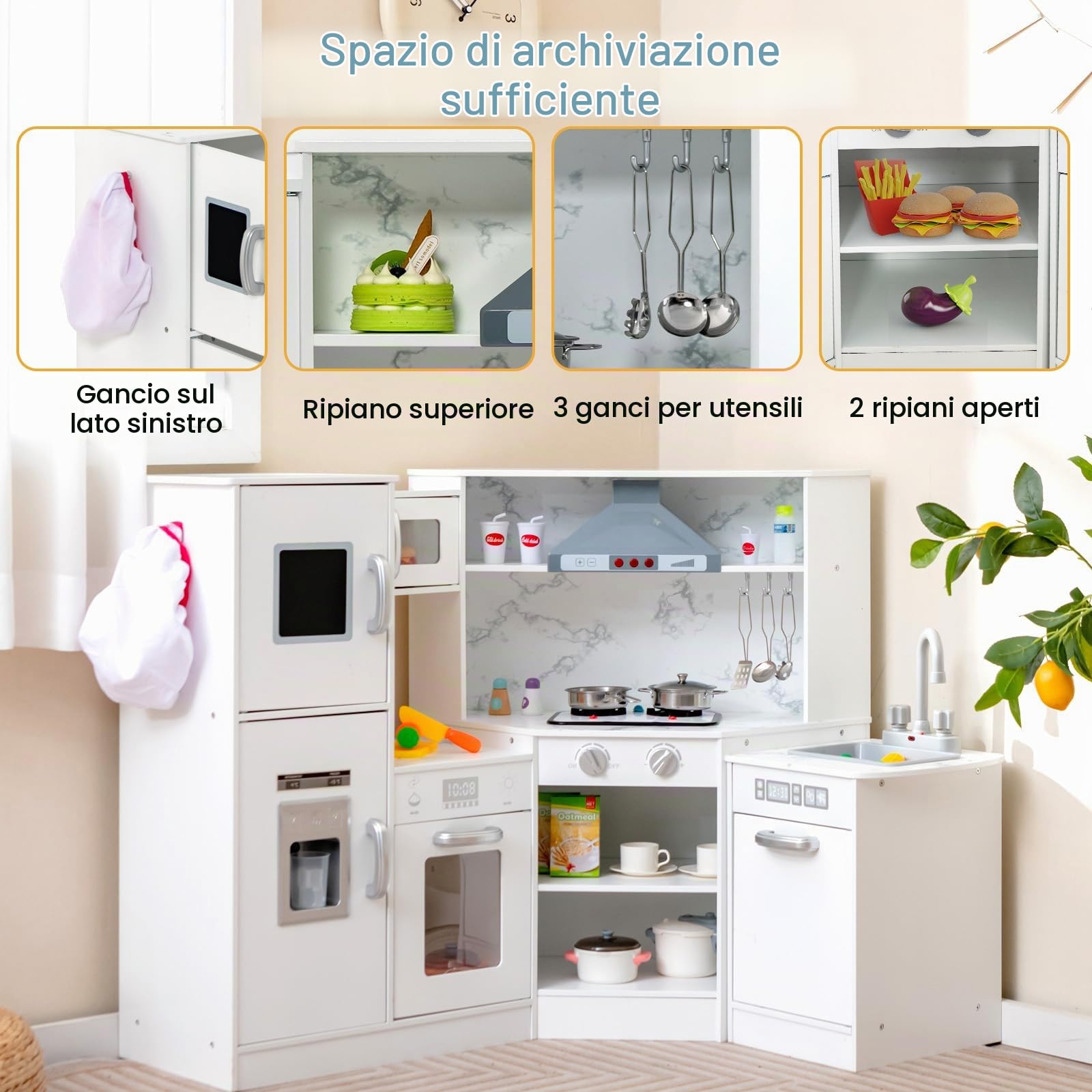 HOMASIS Cucina Angolare per Bambini in Legno, Cucina Giocattolo con Luci, Suoni e Vapore, Lavello, Fornello, Forno, Macchina del Ghiaccio, Frigorifero, Lavagna, per Bambini da 3+ Anni (Bianco)
