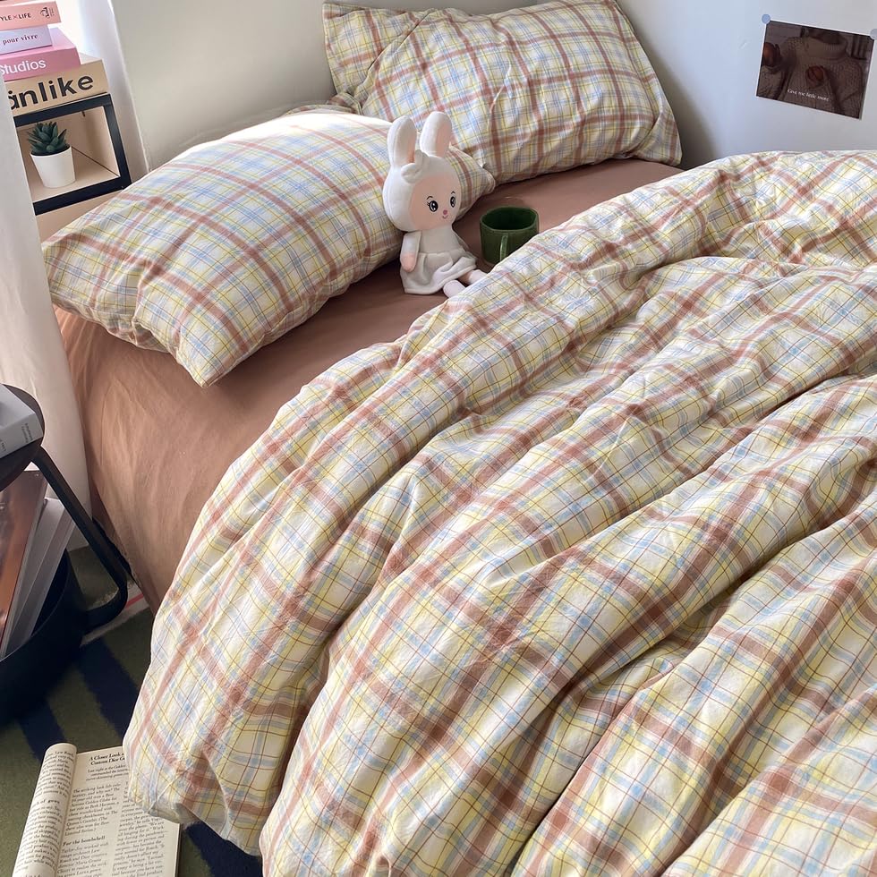 Image of EAVD Vintage Style Buffalo Plaid Duvet Cover King Soft 100% Washed Cotton Chic Blue&Yellow&Brown Grid Checked Plaid Bedding Set with 2 Pillowcases Reversible Gingham Duvet Cover with Zipper