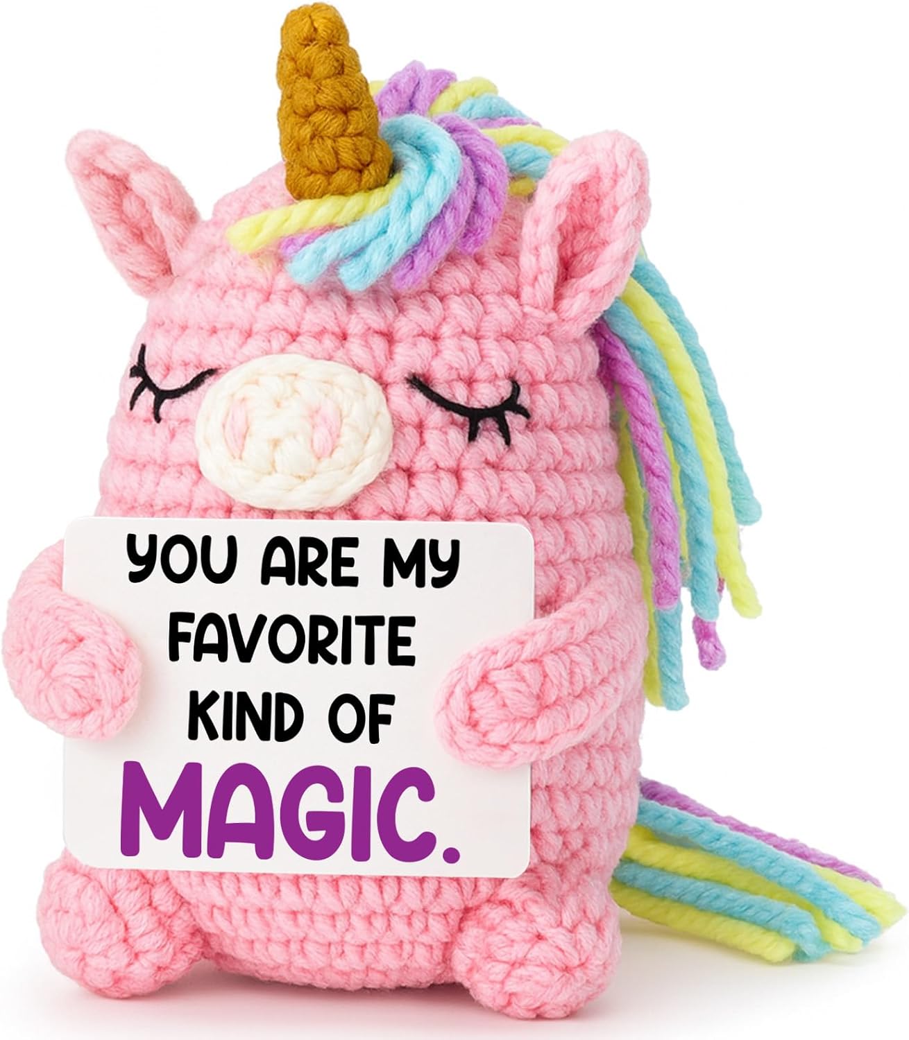 Easter Basket Stuffers for Girls, Pink Crochet Unicorn 4 Inch, Handmade Amigurumi Plush with “You are My Favorite Kind of Magic” Sign, Cute Birthday Gift for Kids Daughter Granddaughter