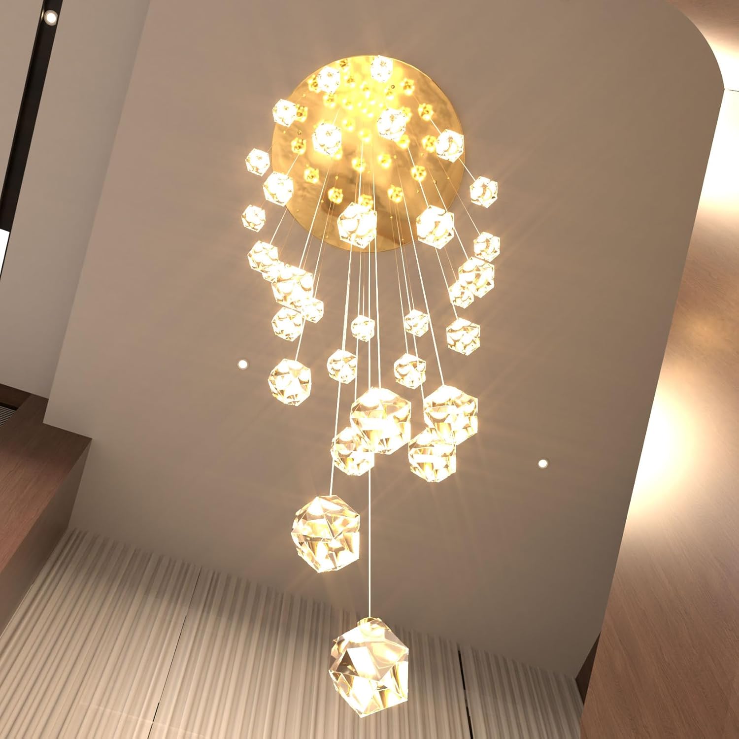 32 Light 120in Long Large Crystal Chandeliers Gold LED Crystal Chandeliers for High Ceiling Foyer Staircase Lobby Slopped Ceiling Dimmable 3000-6000K