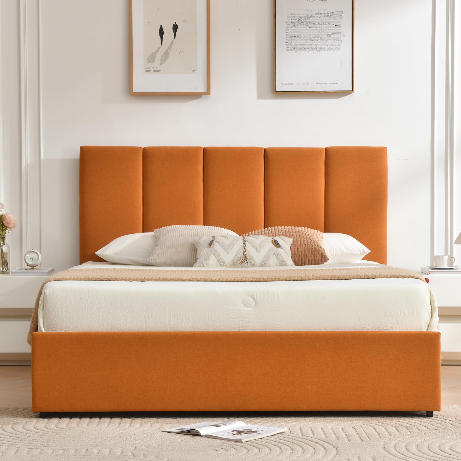 SEE DESCRIPTION VELOCAVA King Size Upholstered Storage Bed Frame with 4 Drawers, Modern Linen Platform Bed with Vertical Channel Headboard, Sturdy Wood Slats, Under Bed Storage, No Box Spring Needed, Orange