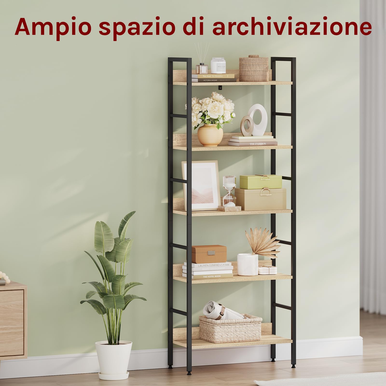 WOLTU Libreria Scaffale a 5 Livelli, Libreria Verticale Struttura in Metallo per Soggiorno/Camera da Letto/Studio, 60x27,5x160cm, Bianco + Rovere chiaro