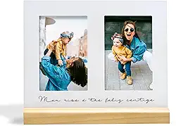 Porta Retrato Duplo Meu Riso é tão Feliz Contigo, 2 fotos 10x15cm, Metal e Madeira, branco, preto, nogueira - GEGUTON