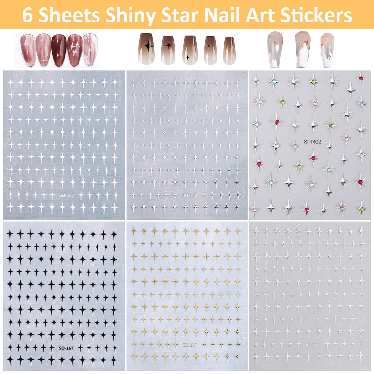 MAYCREATE Star Nail Stickers Y2K Galaxy Self-Adhesive Decals 6 Sheets
