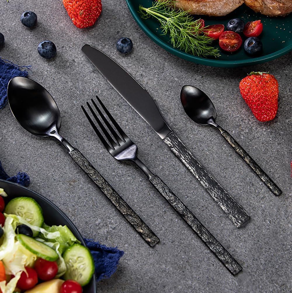 Besteckset 8 Personen Geschirrset Geschnitztes Besteck Edelstahl Schwarz Set, Cutlery Set, Spülmaschinenfest Beste Geschenkkombination ESSONIO (8 Satz mit 32 Stück)
