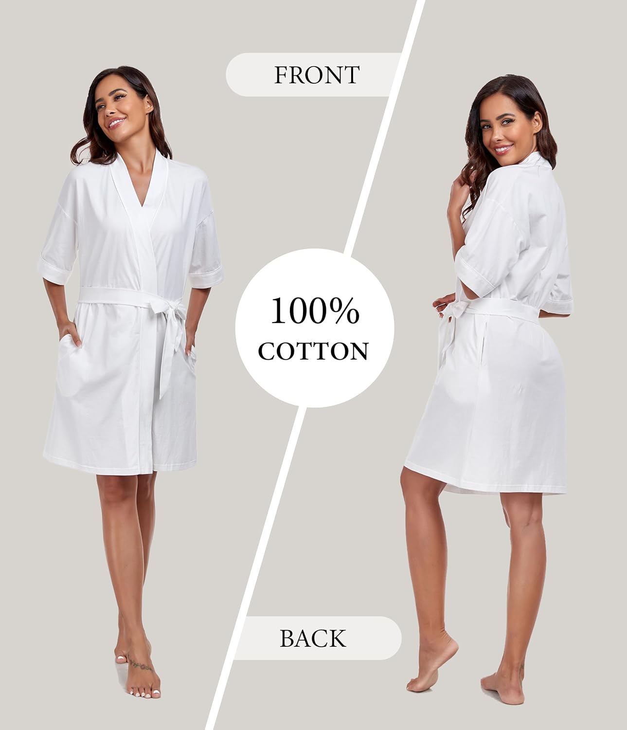 ANLIQI Womens 100% Cotton Robes Lightweight Short Sleeve Bathrobe Knee Length Kimono Bath Robe with Pockets Ladies Sleepwear - Image 2