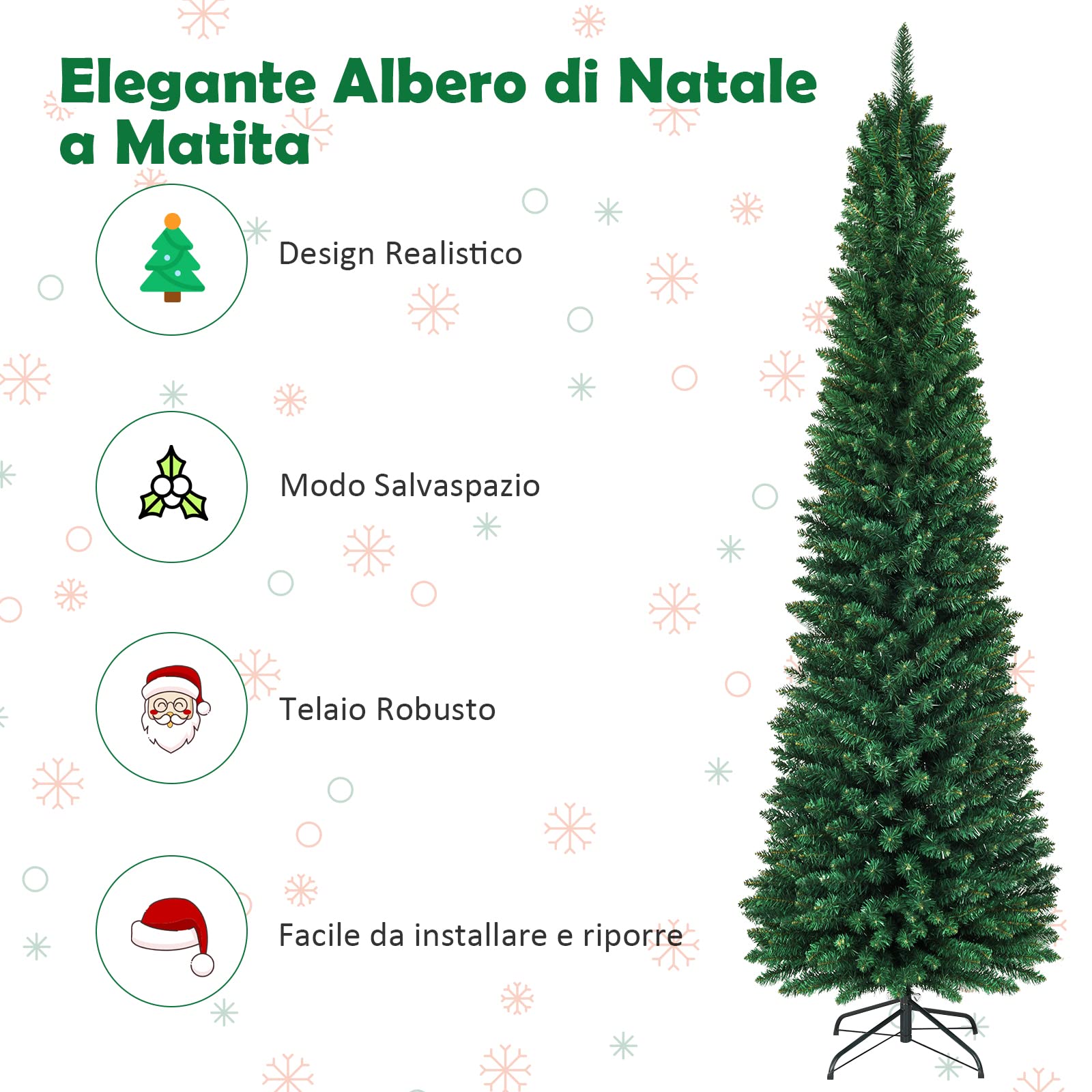 COSTWAY Albero di Natale Slim 150/180/210/240/270 cm, Albero di Natale Artificiale con 220/400/700/1000/1500 Rami e Base in Metallo, Decorazioni Natalizie per Casa e Negozio (240 CM)