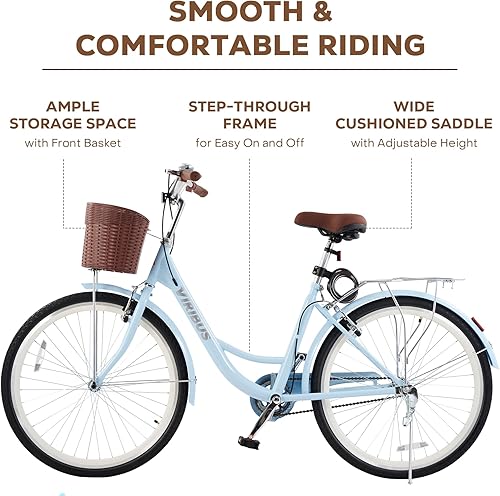 Miniatura 3 de VIRIBUS Beach Cruiser Bike for Women, Single Speed Womens Bike with Basket & Rack 24 26 inch, Retro Step Through Cruiser Bicycle for Petite Short