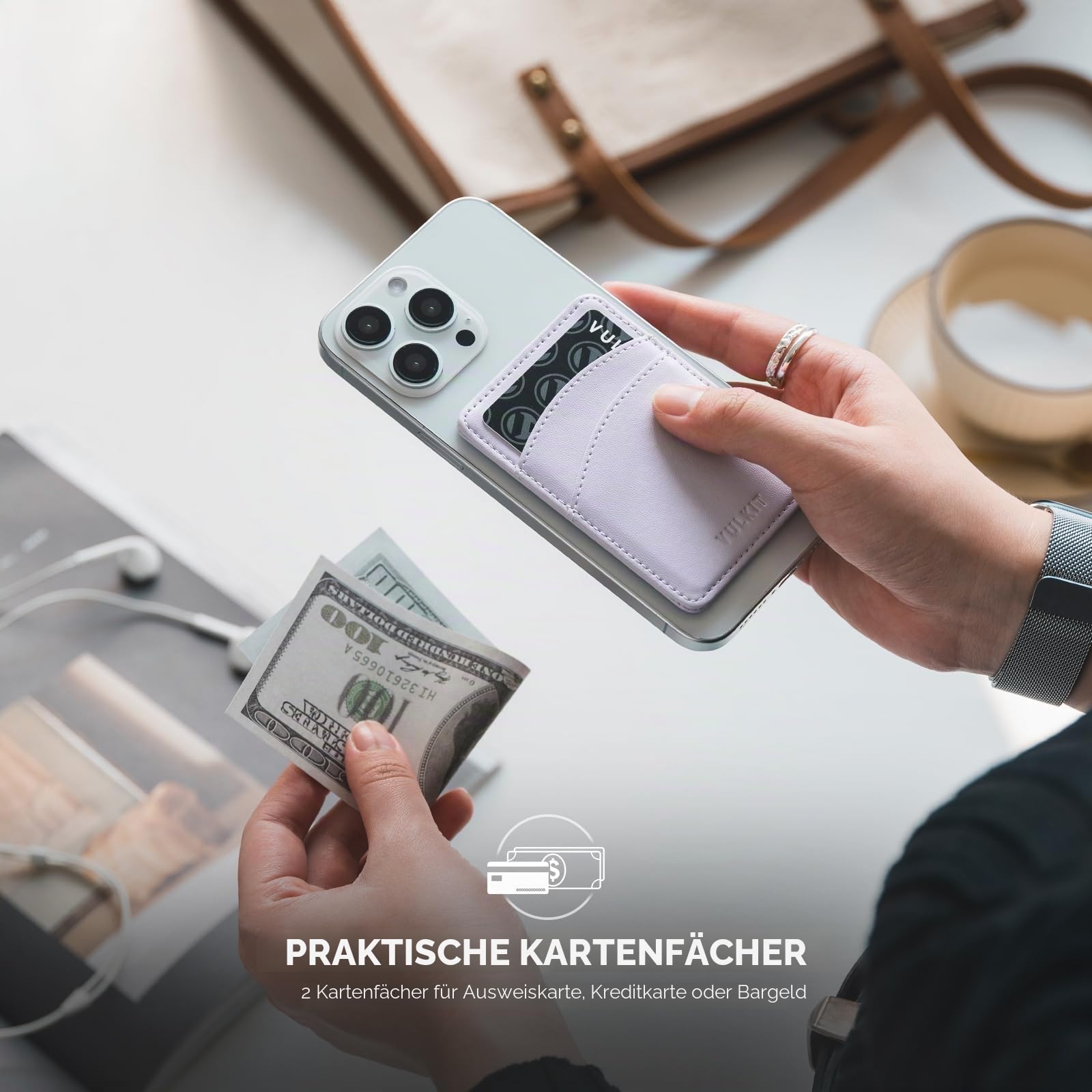 VULKIT Magnetischer Kartenhalter für Handy, dünn, aus Leder, für Damen, Kreditkartenetui mit RFID-Blockierung, Magsafe, Lila, Klassisch