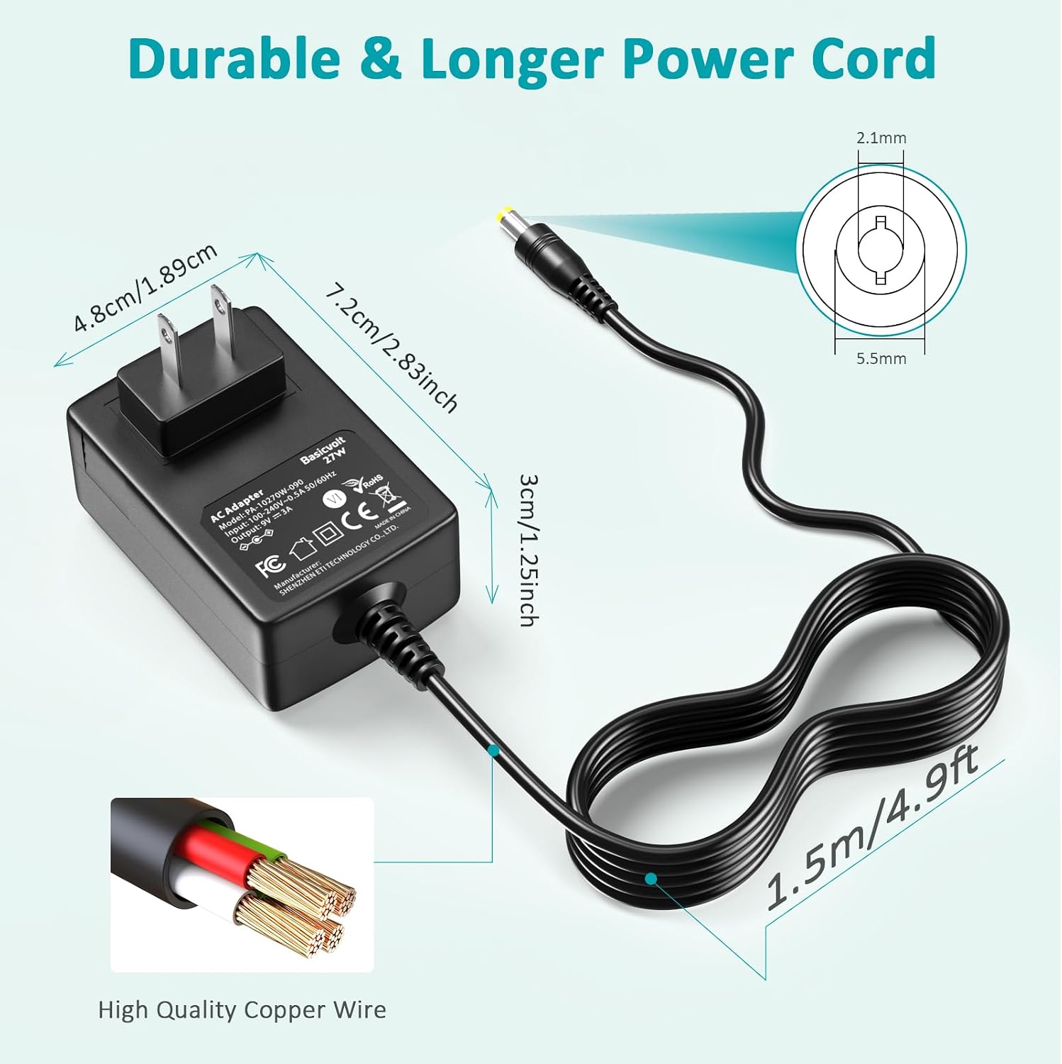 9V 3A Power Power Supply with Reverse Polarity Cable and Barrel Plugs, DC 9V Power Cord 9 Volt 3 Amp 2A 1A AC Adapter Charger for Speakers Record Player