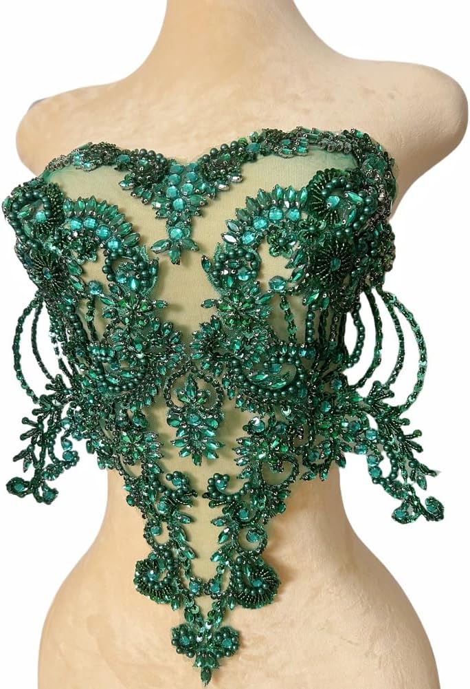 Bridal Lace Applique Patches with Beads & Rhinestones - Heavy Duty Sparkly Embroidered Fabric Ons for Wedding Dress, Gown, Corset, Prom, Evening Wear (DeepGreen)