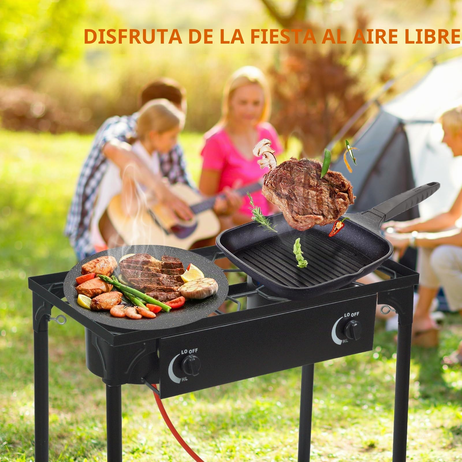 BACOENG Hornillo de Gas con 2 quemadores con patas desmontables, Hornillo Camping Gas Portatil con 1.5M Manguera y Regulador Presión 50 mbar