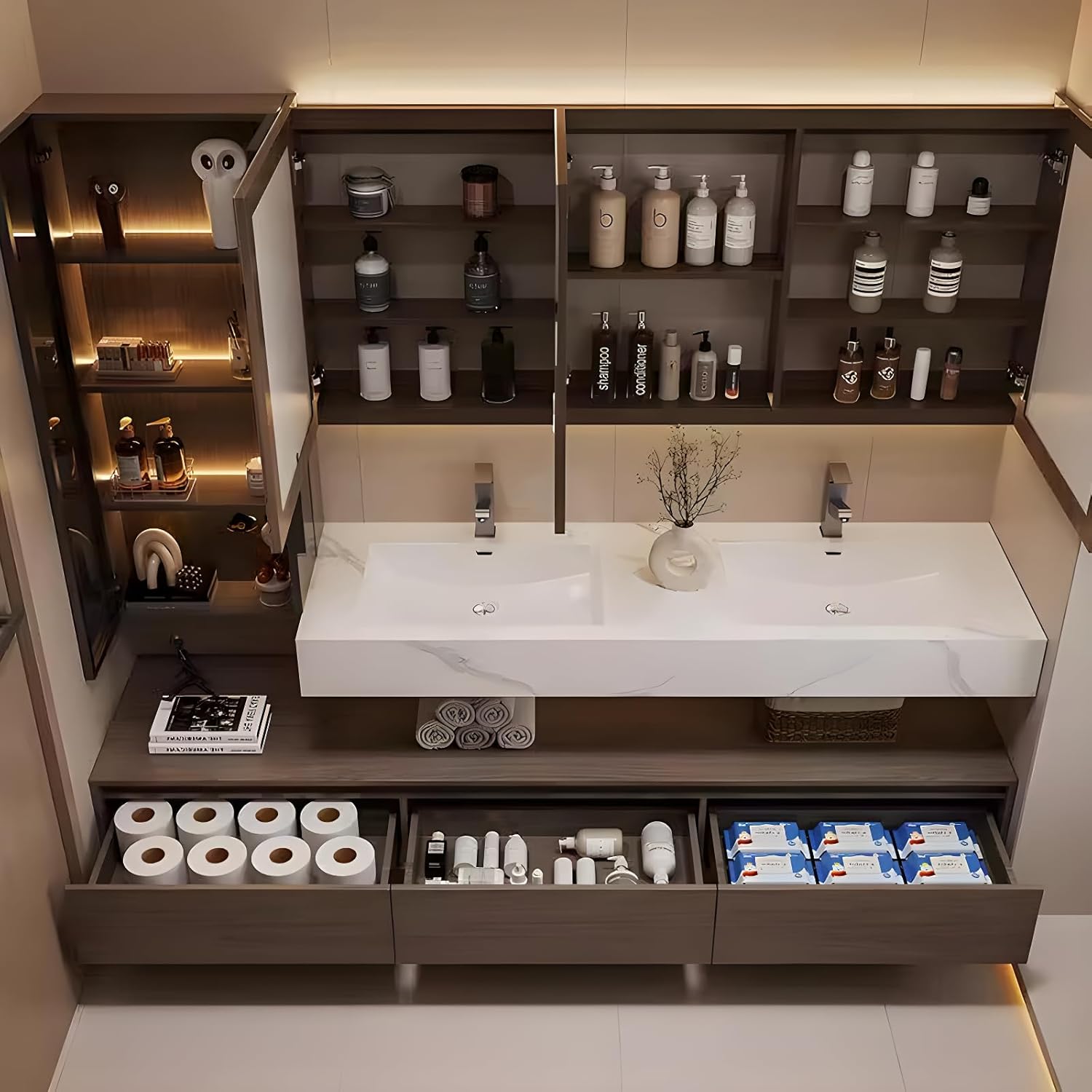 Bathroom Vanity, Floating Bathroom Sink Vanity, Modern Bathroom Vanities with Smart Defogging LED Mirror & Glass Side Cabinet, Wall Mounted Vanities for Restroom, Solid Wood (72in)