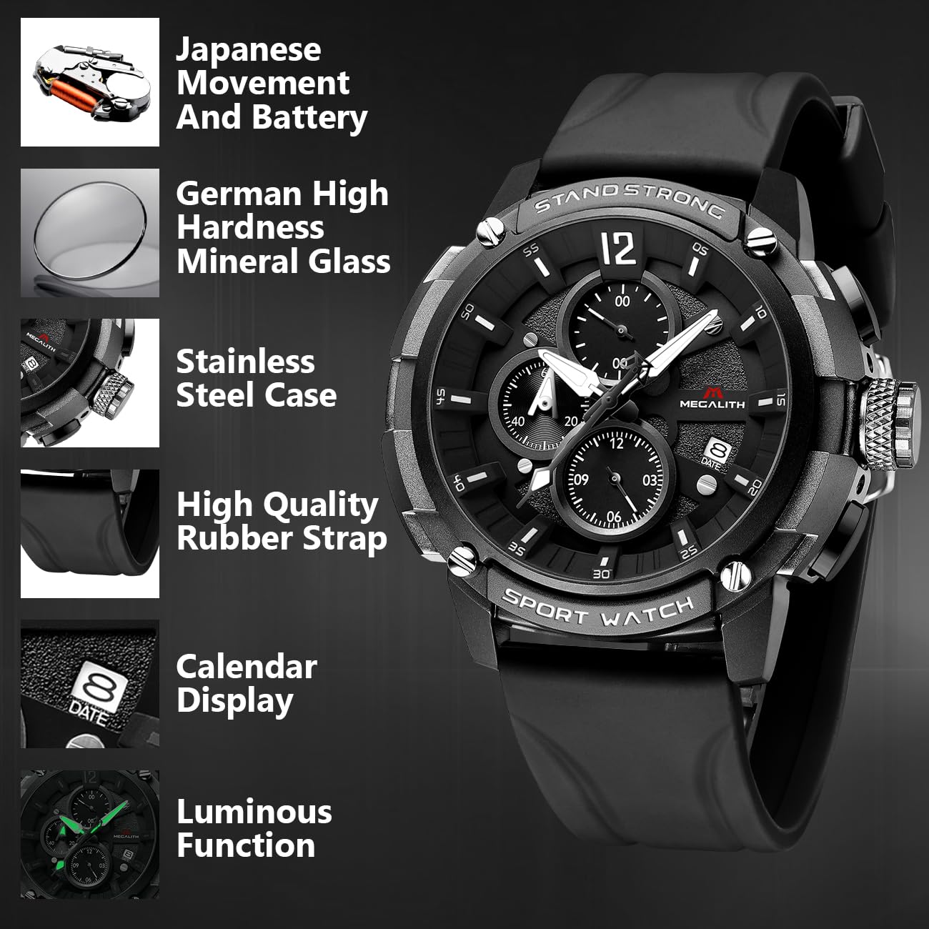 MEGALITH Heavy Duty Watches for Men: Military Sport Analog Chronograph with Luminous - Waterproof Design for Daily Casual Wear and Outdoor Sport Hiking Camping - Model 8231 — view 3