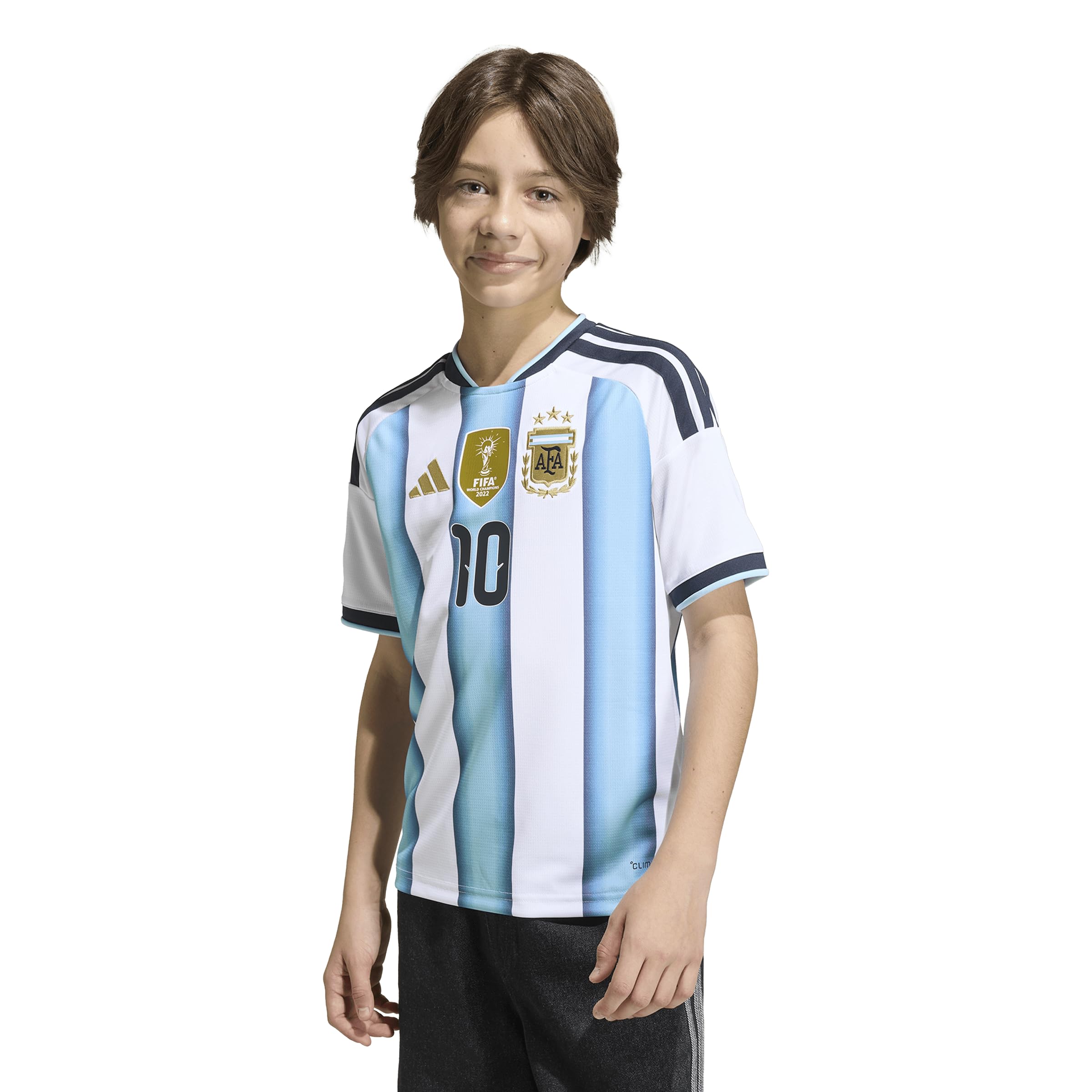 adidas Junior Argentina Replica 26 Home Messi 10 Football Shirt, White/Iceblu/Ltblue, Size 7-8 Years