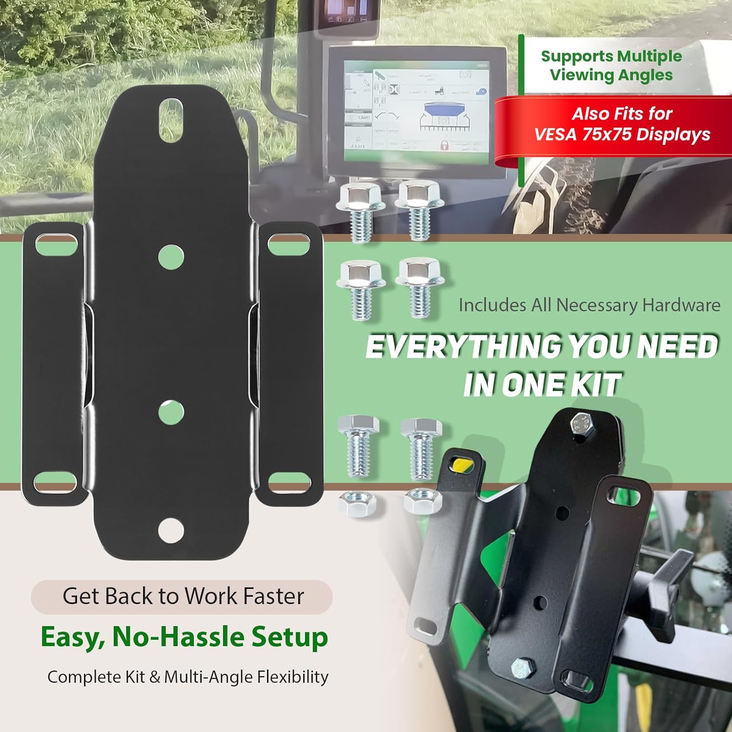 Camoo Heavy-Duty Display Mount Bracket for John Deere 4640 & 4240 Gen 4, Gen 5 & Gen 5+ Monitors, 4-Bolt to 2-Bolt Adapter, VESA 75x75 Compatible, Support for Corner Post Display Mount