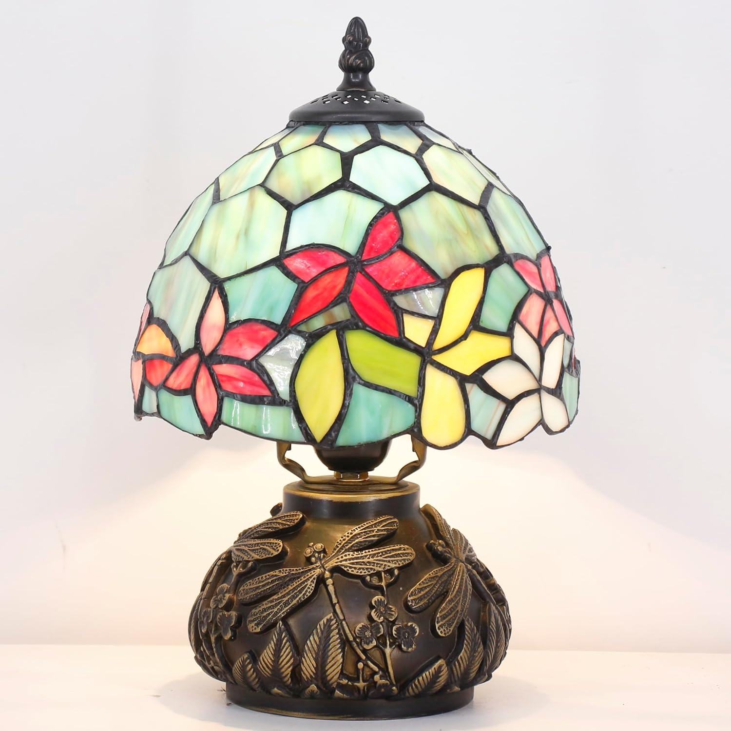 Small Tiffany Lamp Mini Stained Glass Table Lamp Red Green Flowers Style Mushroom Desk Light Memory Sympathy Lamp 8X11 Inch