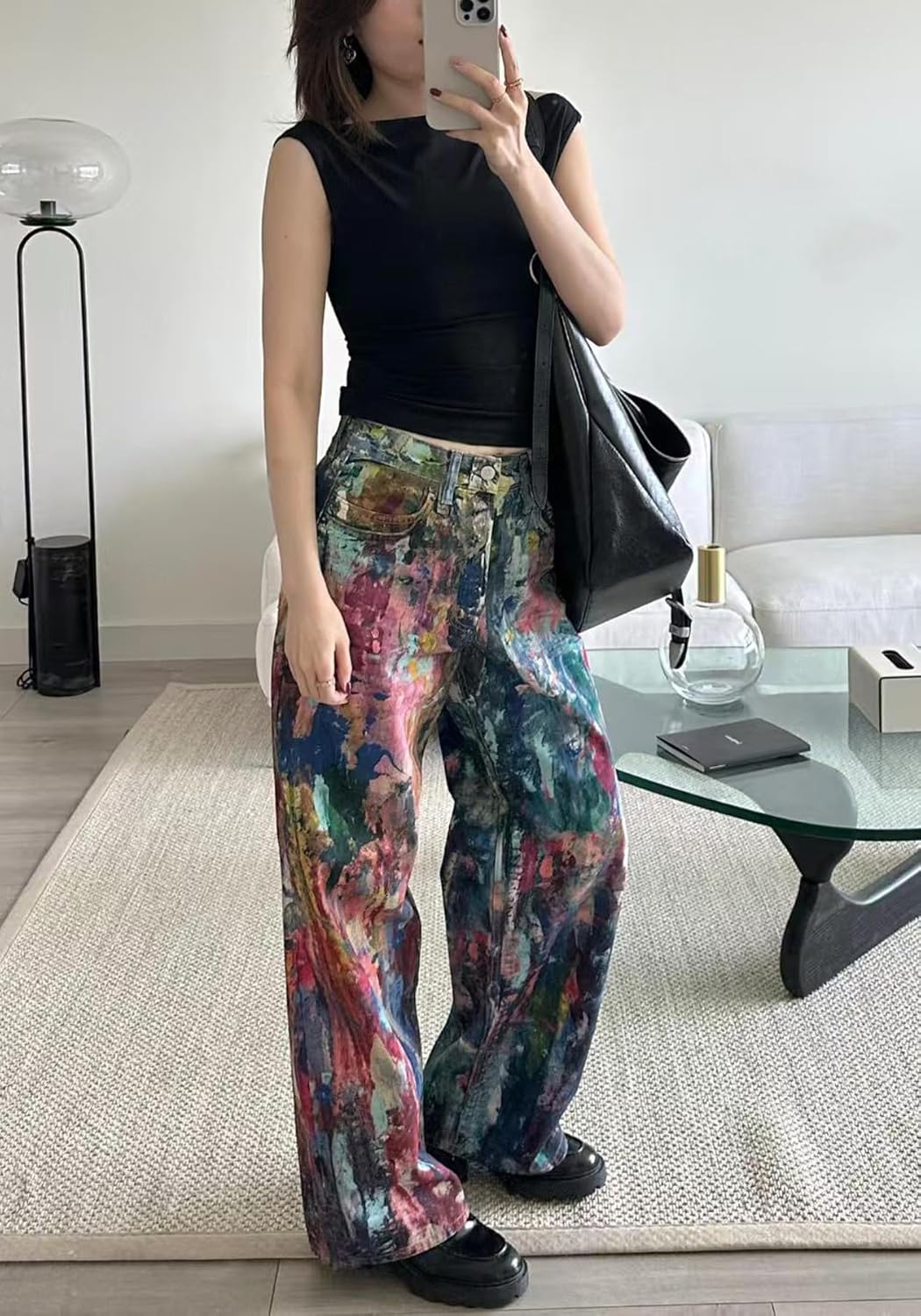 Women's Tie Dye Print Splash Jeans Baggy Printed Wide Leg Pant High Waisted Vintage Pants with Pockets Multicolor - Image 3