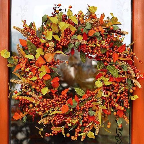 Miniatura 3 de Ochine Corona de otoño  Corona de cosecha artificial con calabaza, hojas, grosellas y bayas, decoración de otoño para puerta delantera, pared o