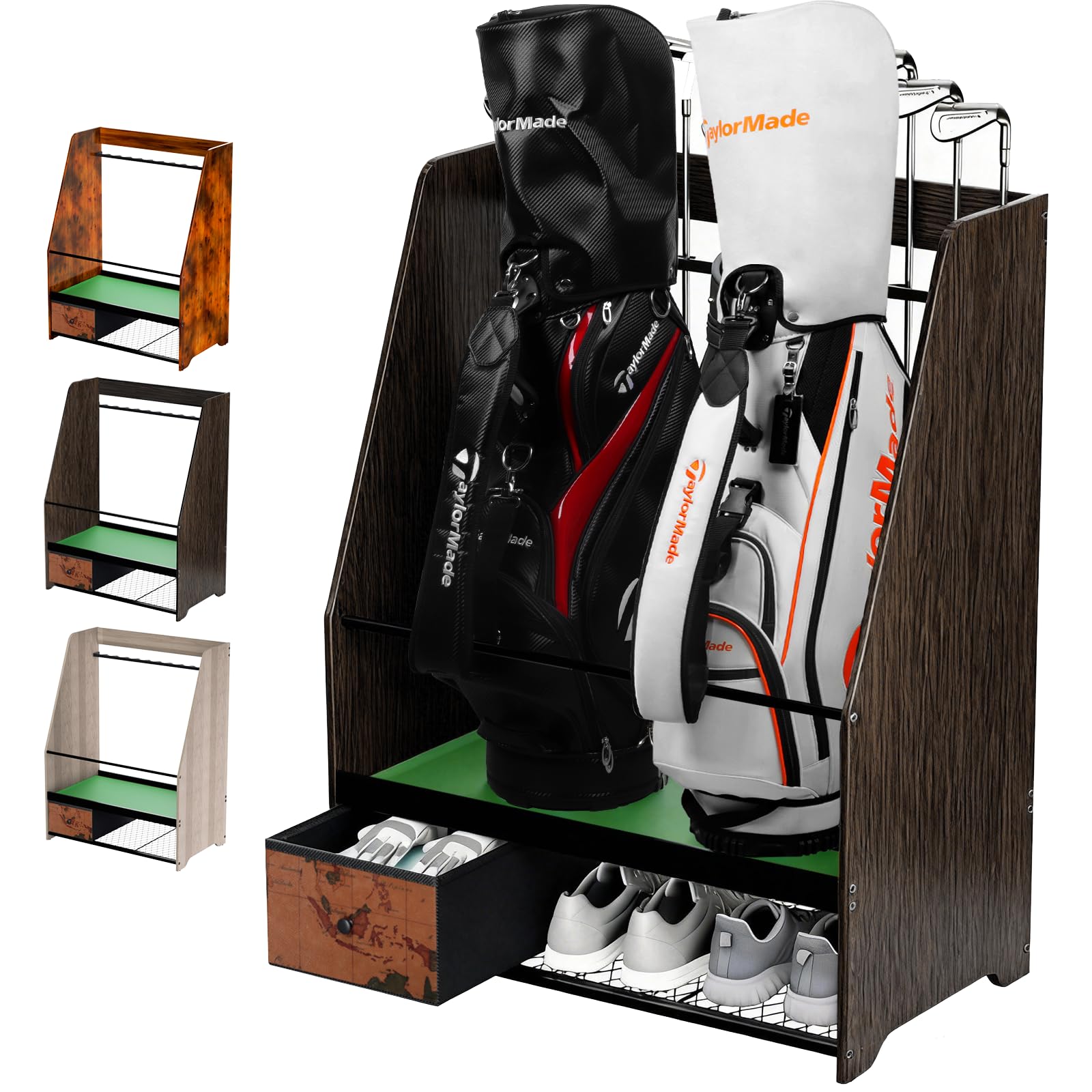 Photo 1 of ***RECOMENDED FOR PARTS / HAS DAMAGES*** Ponsonbay Golf Bag Organizer Rack – Large Wooden Golf Storage for 2 Bags, Clubs & Accessories with Dustproof Drawer, Sports Equipment Rack for Garage, Practice Room, Home or Office (Black)