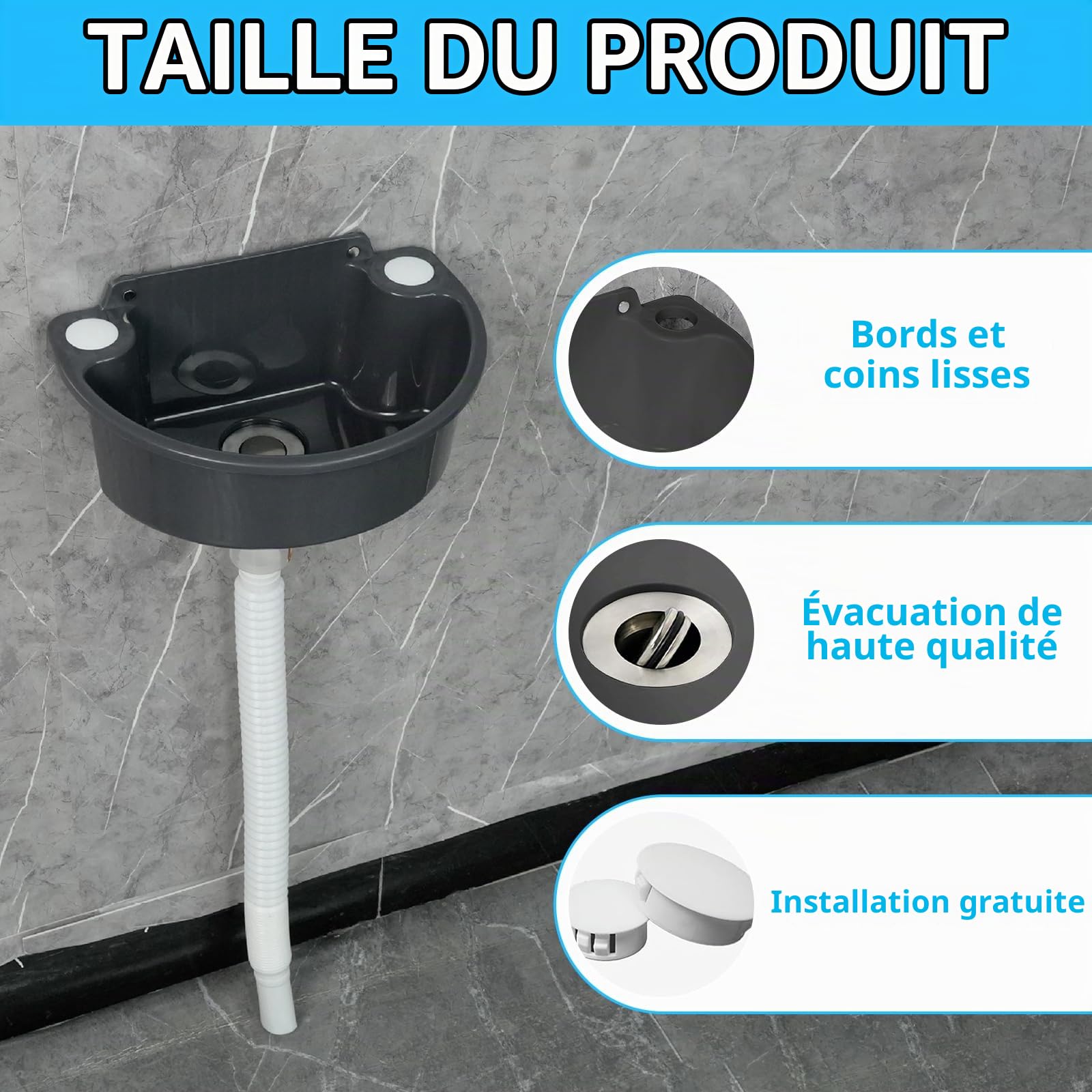 éVier En Plastique, éVier De Camping Mural Avec Bonde De 75 Cm Lavabo Semi-Circulaire Gris Pour Toilettes InvitéS Salle De Bain Camping Jardin Cave Chantier 31x 21x10,5 Cm