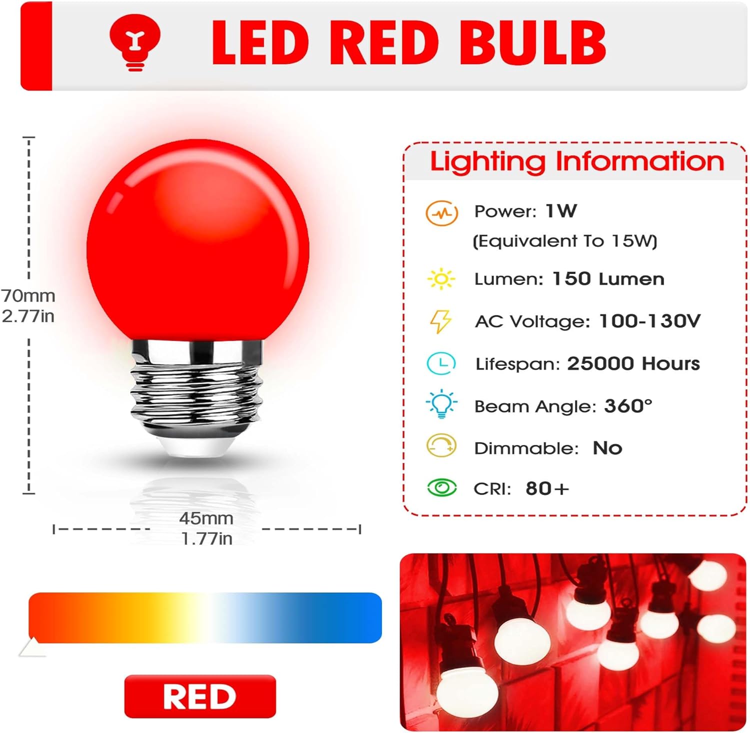LED Red Light Bulbs, 15W Equivalent 1W E26 LED Lights, Small G14 Globe Vanity Colored Bulbs for Night Lights Bulb Outdoor Indoor Halloween Christmas Decor Lighting, 6 Pack