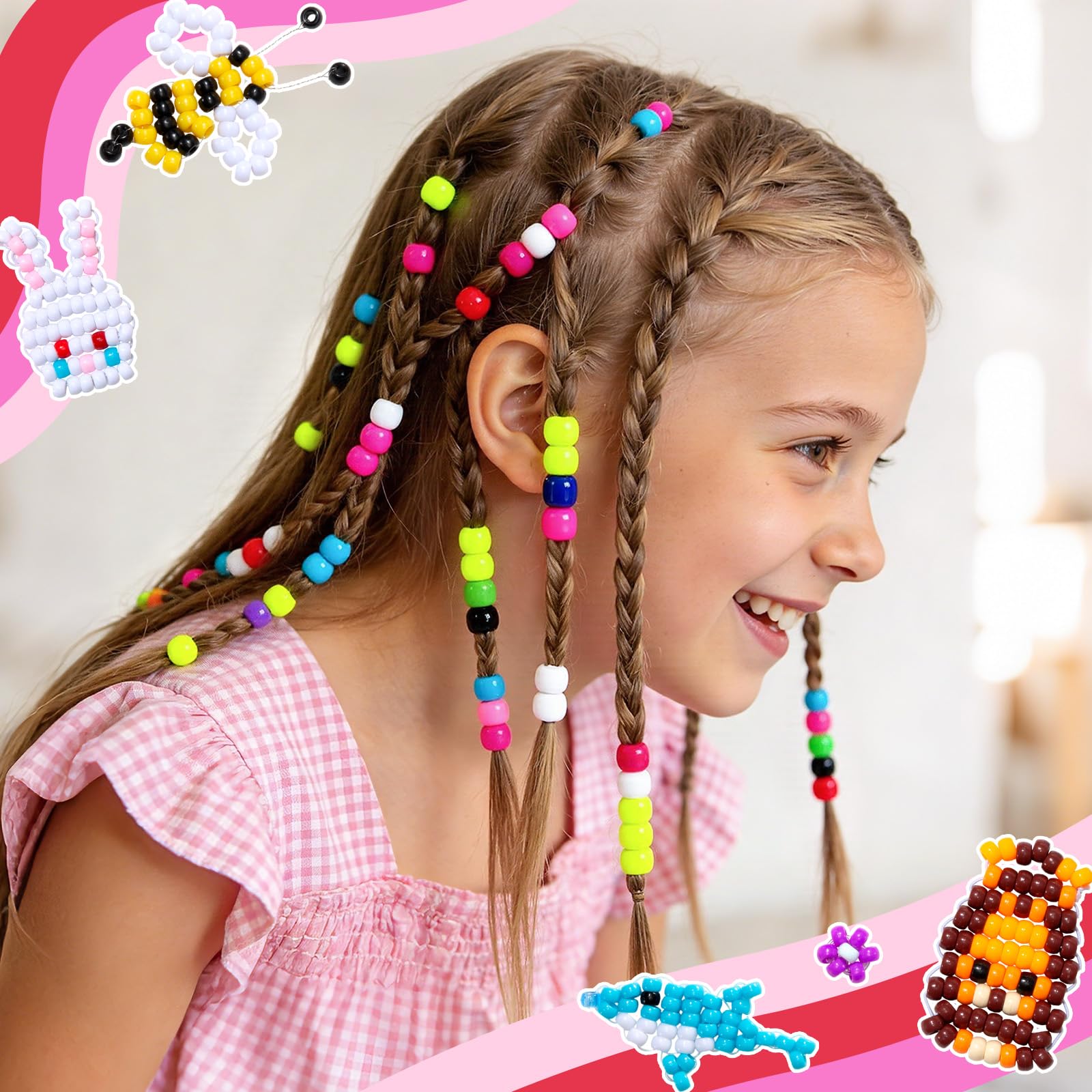 Umikk Pony-Perlen in 48 Farben, 6 x 9 mm, Kunststoff-Kandi-Perlen für Armbänder, Haare, Flechten, Schlüsselanhänger, Schnüren, Basteln, Geschenke für Kinder ab 6 Jahren (2,60 kg, stapelbarer