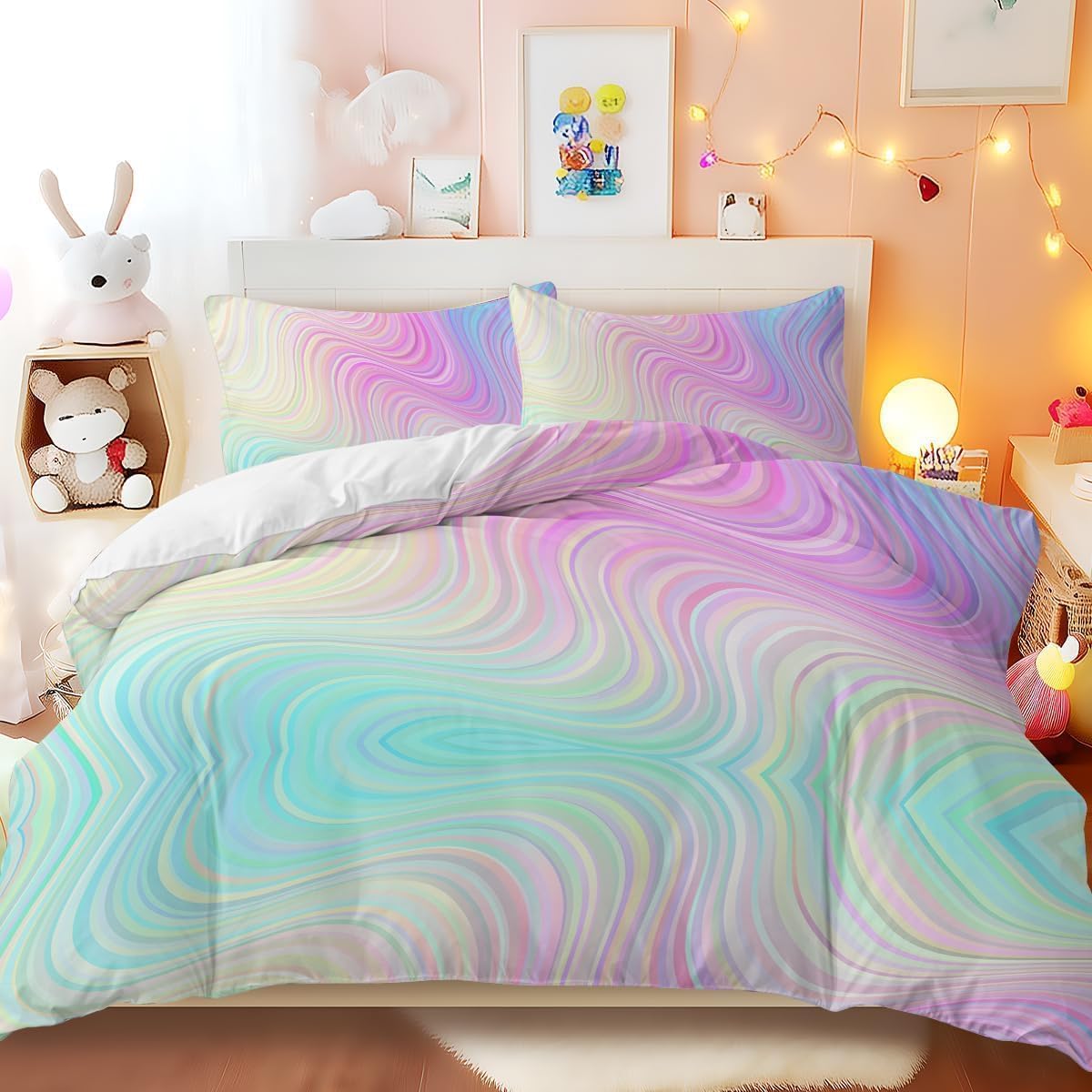 Blessliving 3D Modern Pattern Single Bedding Kids Rainbow Duvet Cover Set Pastel Marble Printed Comforter Cover 3 Pieces Neon Ombre Bedding Marble Bed Sets with 2 Pillow Cases (Single)