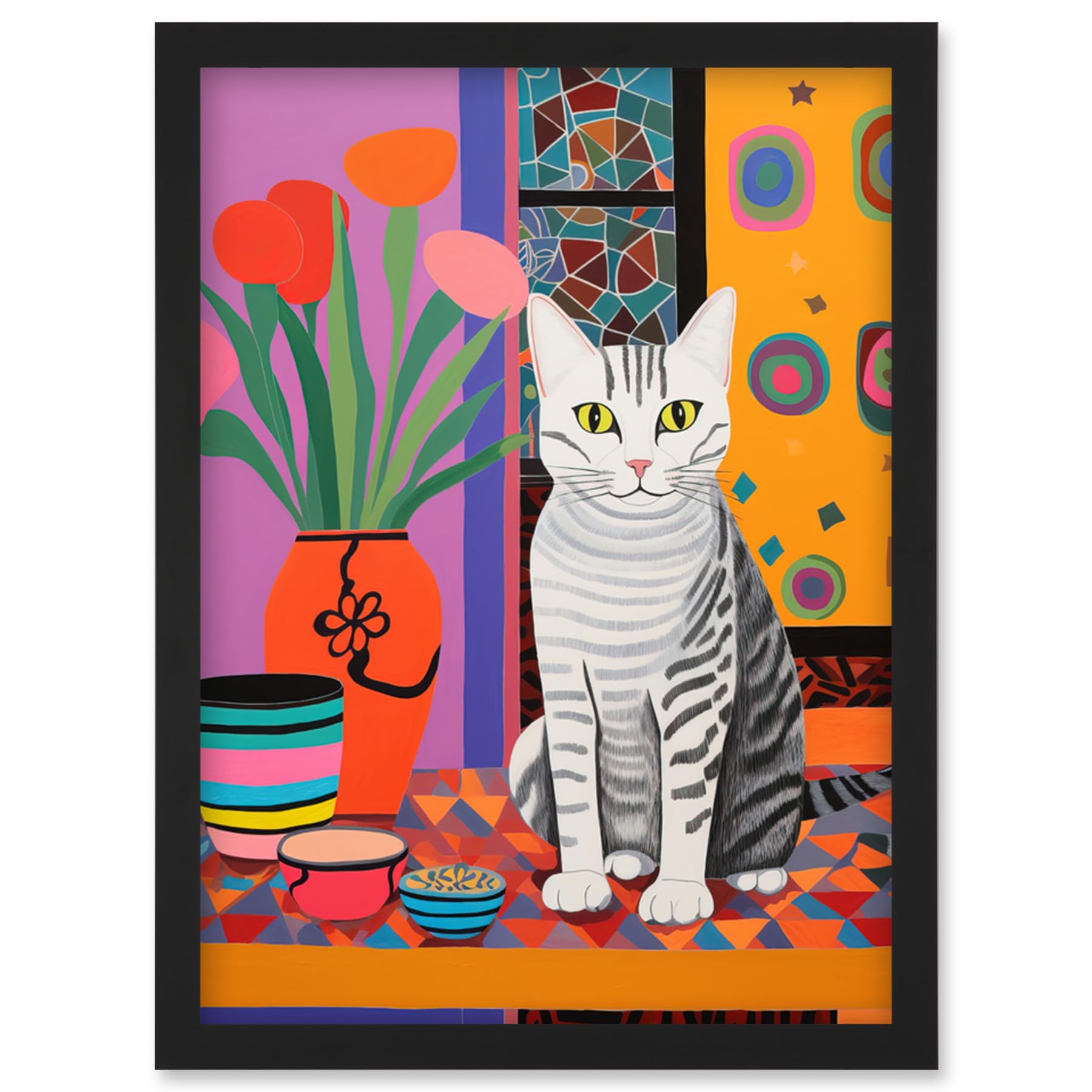 Artery8 The Stripey Cat Sits Artwork Potted Flower Plant Henri Matisse Style Painting Home Bold Bright Vibrant Folk Art Artwork Framed Wall Art Print A4