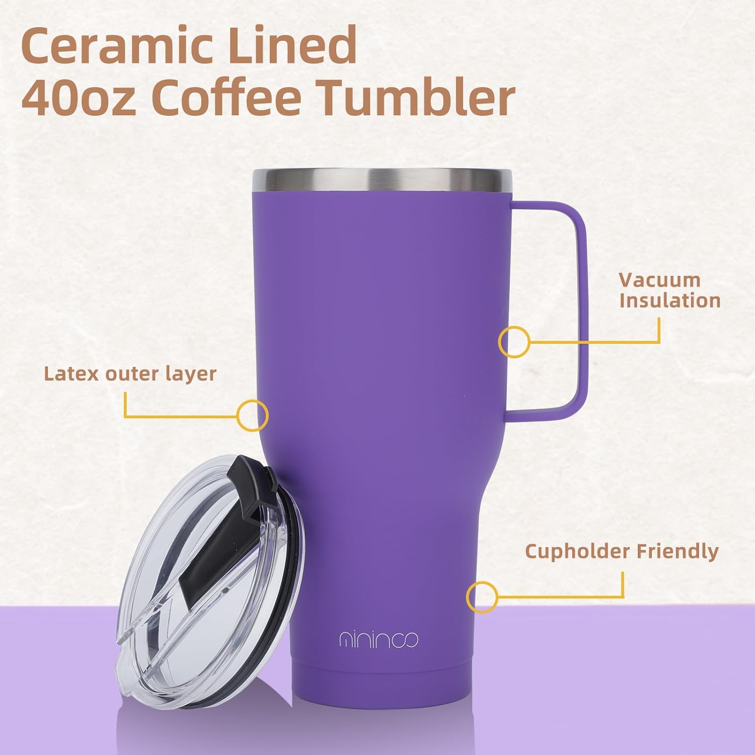 mininoo 40 oz Ceramic Lined Tumbler with Handle and Straw Lid, Stainless Steel Ceramic Travel Coffee Mug Newly Upgraded Latex Outer Layer